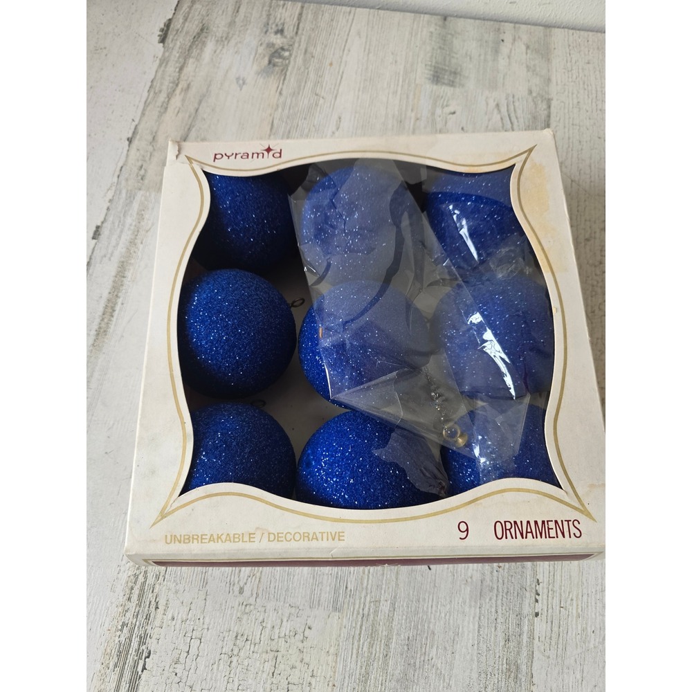 Vintage unbreakable pyramid blue glitter ornament set Xmas tree
